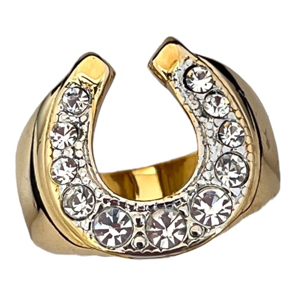 Vintage Jewelry - Never Worn Vintage Uncas Equestrian Ring Horseshoe Crystals 14KT Gold Plate Luck